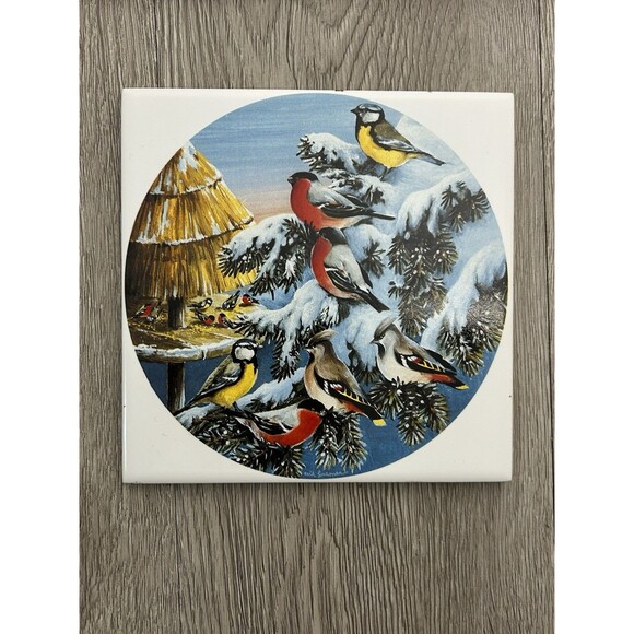 Vintage 1990 Wall Tile Trivet Winter Birds Christmas Artist Erik Forsman - Picture 2 of 6